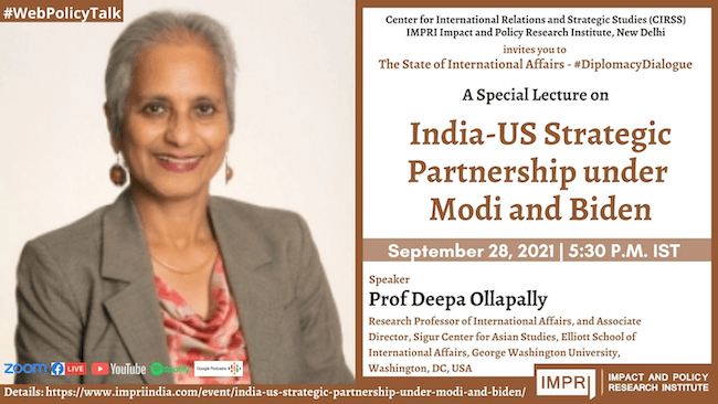event flyer with portrait of Deepa Ollapally; text: India-US Strategic Partnership under Modi and Biden
